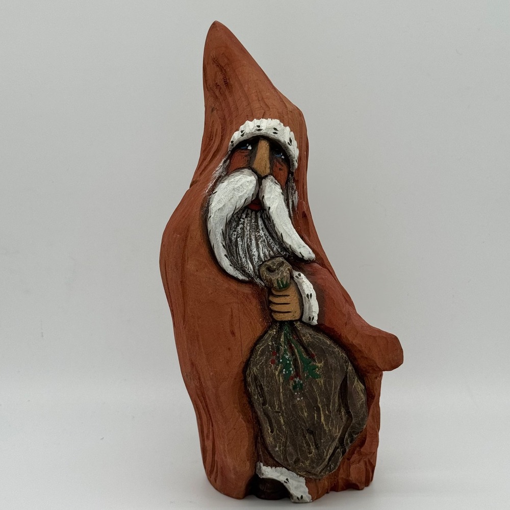 Vintage Old World Santa Figurine Hand Carved Solid Wood Folk Art Christmas 10.5"